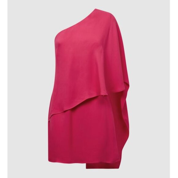 REISS | NWT Blake One Shoulder Chiffon Cape Mini Dress in Bright Pink, Size 2 🇬🇧 - Picture 6 of 13